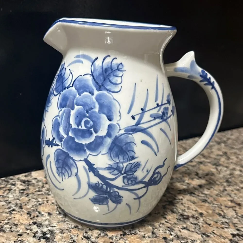 Vintage Blue and white Floral Ceramic Pitcher / Vase